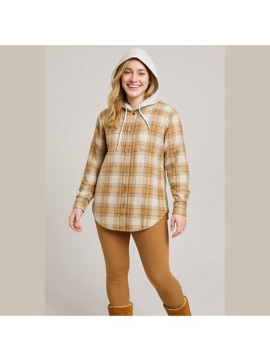 American Eagle Outfitters Tops - Women's American Eagle Oversized Hooded Plaid Flannel Shirt L Beige Brown
